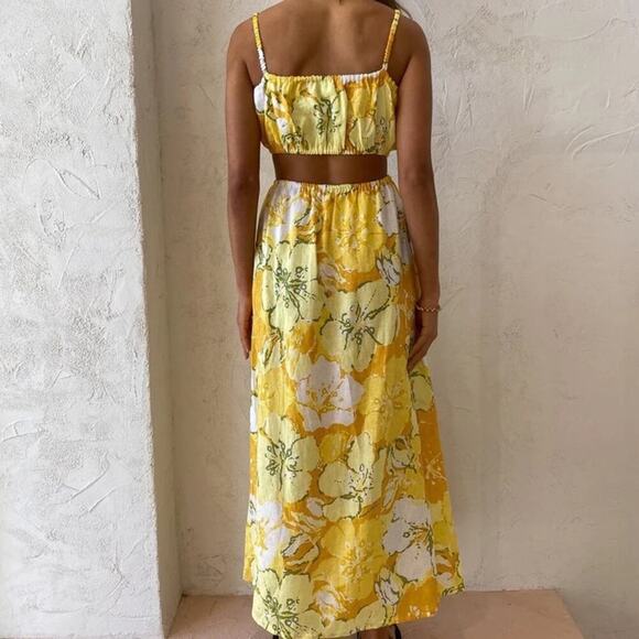 Faithfull The Brand El Rio Linen Cut Out Midi Maxi Dress Loretta Floral Yellow - Picture 2 of 10
